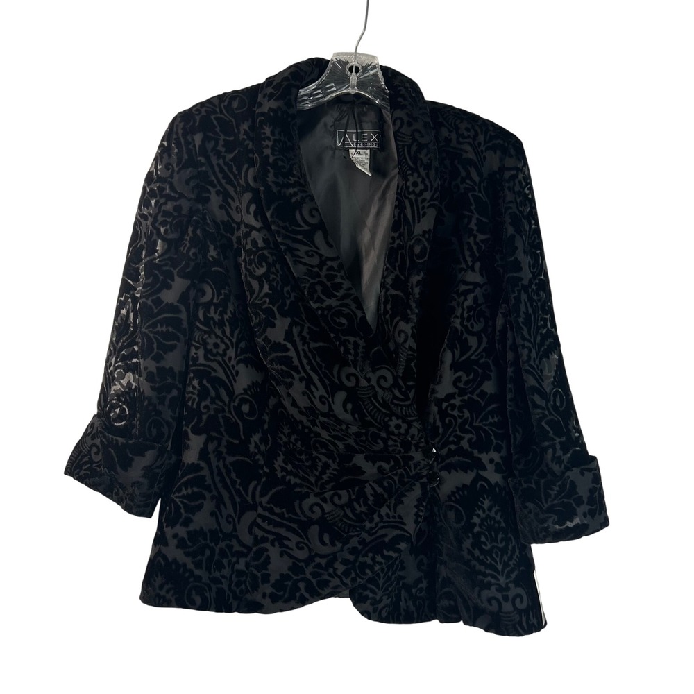 Alex Evenings Black Velvet Burnout Damask Floral Evening Jacket Blazer XL NWT